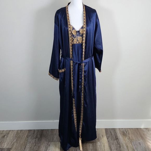 Anywear Anytime Other - Robe and Nightgown Set Womens Large Blue Gold Embroidery Satin 2pc Boudoir Luxe